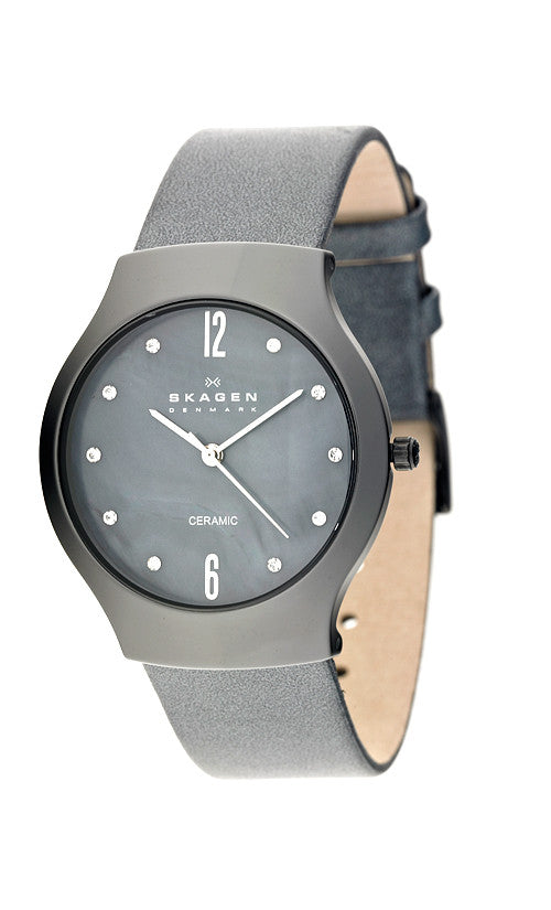Skagen Womens Watch Midnight Blue Leather Band Mother of Pearl