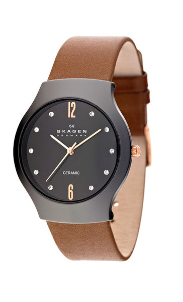 Skagen Womens Watch Brown Leather Band Black Dial