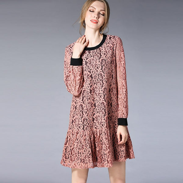 2018 spring new plus size women's clothing lace Hollow out dresses long sleeve loose mini dress crew splicing dresses XL to 5XL