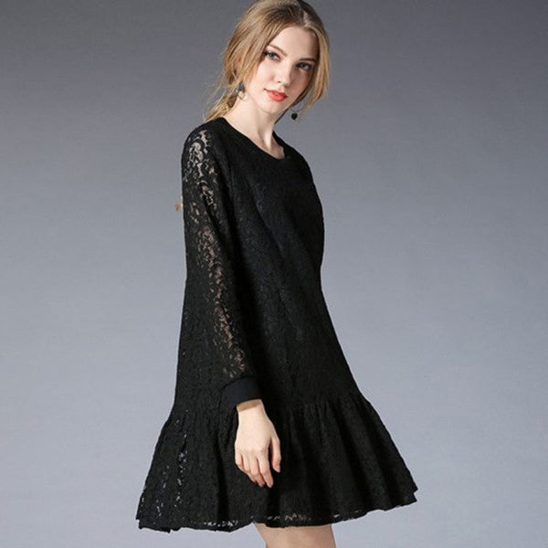 2018 spring new plus size women's clothing lace Hollow out dresses long sleeve loose mini dress crew splicing dresses XL to 5XL