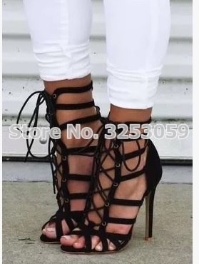 Newest Lace Up Women Footwear Green Hollow Out Stiletto Heel Peep Toe Sandals Thin Strappy Elegant Hot Selling Dress Shoes