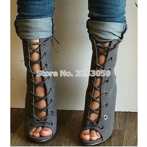 Newest Lace Up Women Footwear Green Hollow Out Stiletto Heel Peep Toe Sandals Thin Strappy Elegant Hot Selling Dress Shoes