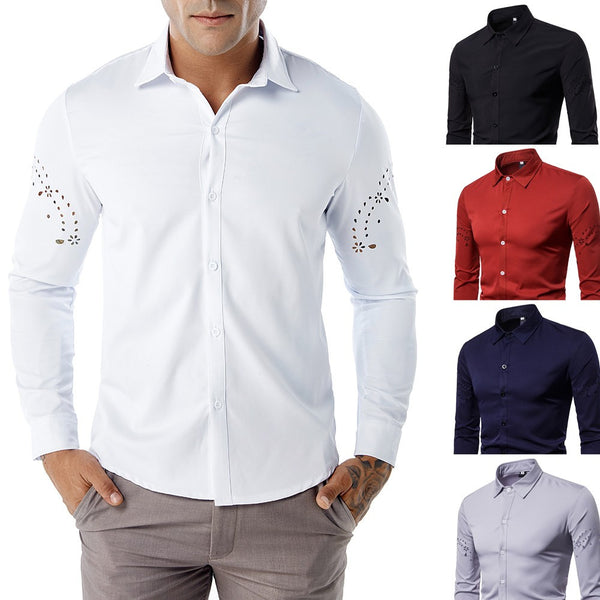 Fashion Men's Autumn Casual Shirts Long Sleeve Shirt Hollow Shirt  Top Blouse