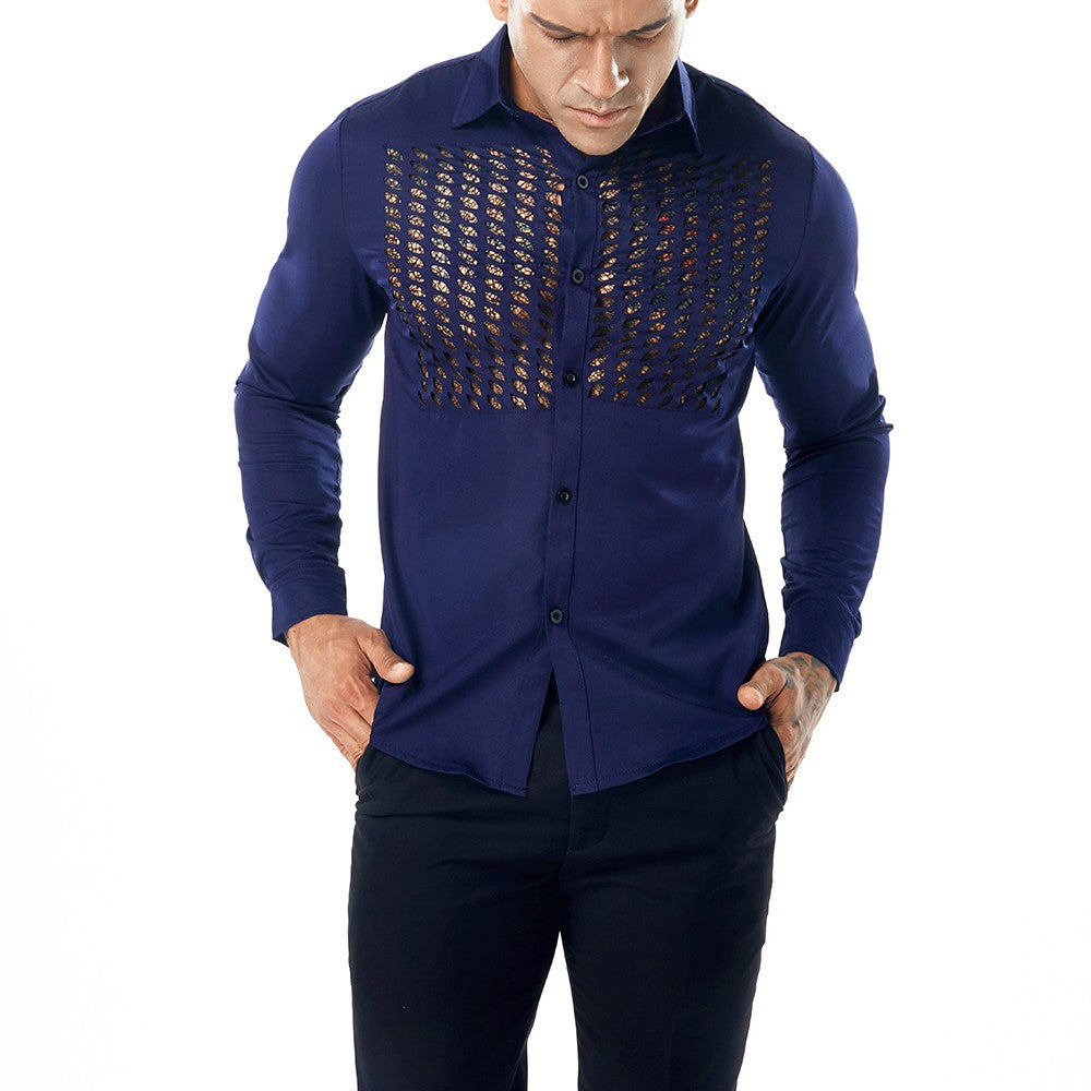 Fashion Men's Autumn Casual Shirts Long Sleeve Shirt Hollow Shirt  Top Blouse