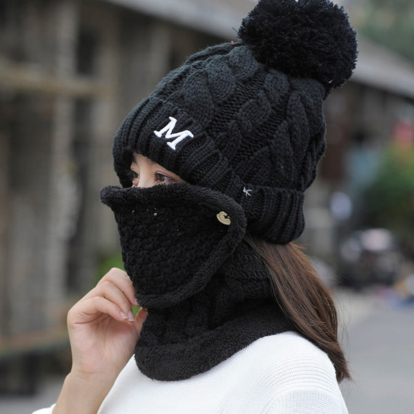 New Winter Women's Full Face Mask Hat Caps Scarf Set Knitted Warm Thick Windproof Balaclava Multi Functional Knit Cap For Women