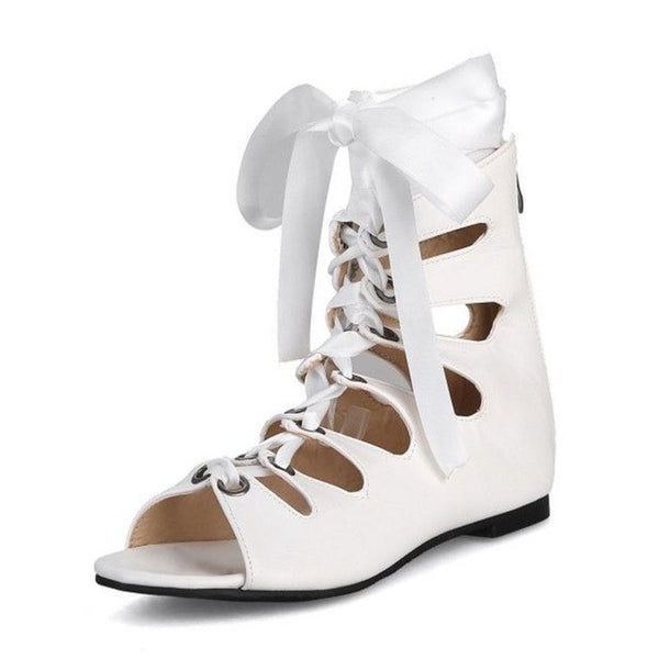 JOJONUNU Size 32-50 Fashion Women Gladiator Flats Sandals Cross Strap Flats Sandals Summer Lace Up Beach Shoes Women Footwear
