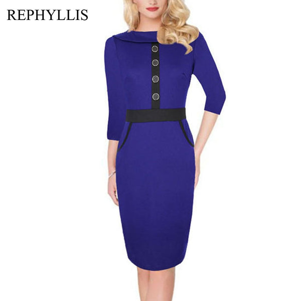 REPHYLLIS Women Plus Size Blue O Neck 2/3 Sleeve Button Back little Split Office Work Party Cocktail Elegant Slim Pencil Dress