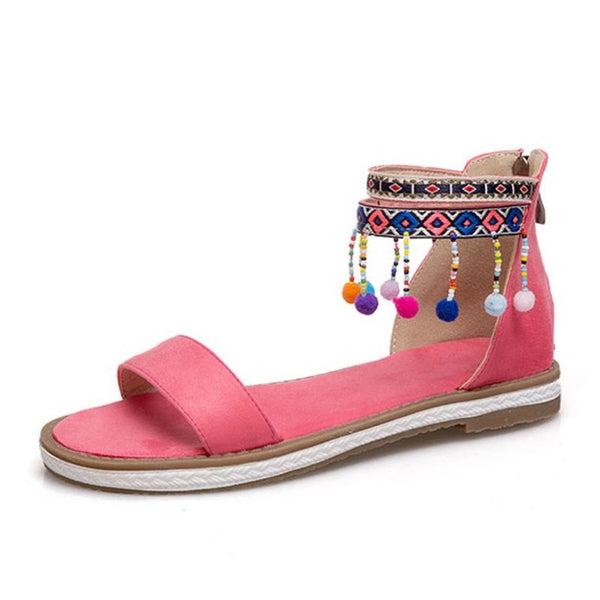 TAOFFEN Size 34-43 Bohemia Women Flats Sandals Beading Embroidery Zipper Flats Sandals Summer Vacation Shoes Women Footwear