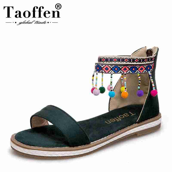 TAOFFEN Size 34-43 Bohemia Women Flats Sandals Beading Embroidery Zipper Flats Sandals Summer Vacation Shoes Women Footwear