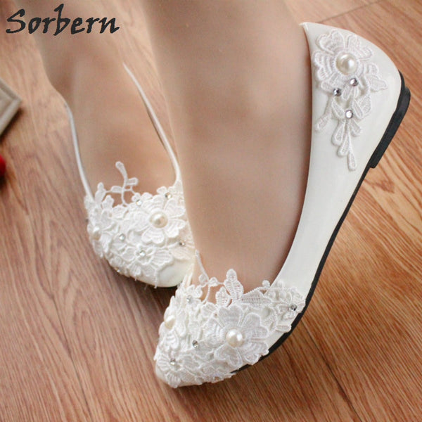 Sorbern Pregnant Women Flat Heel Women Shoes Pointed Toe Floral Lace Wedding Shoes White Ladies Flower Shoes Women Footwear New