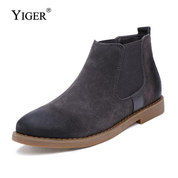 YIGER New Man Ankle Boots Chelsea Boots Genuine Leather Sewing Man shoes Casual Man Boots  Black/Brown/Gary  0097